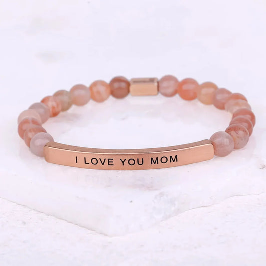 Custom Engraved Natural Stone Bracelet with Stainless Steel 3D Rectangular Bar - Rose Gold