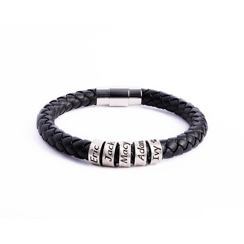 Personalized Leather Bracelet with Stainless Steel Beads