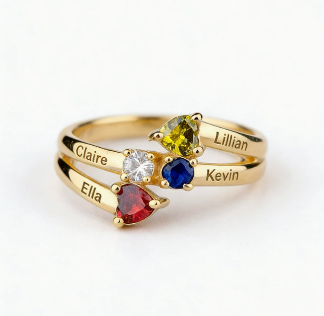 Four Heart Cut Birthstone Ring, 4 Name Engraved Ring