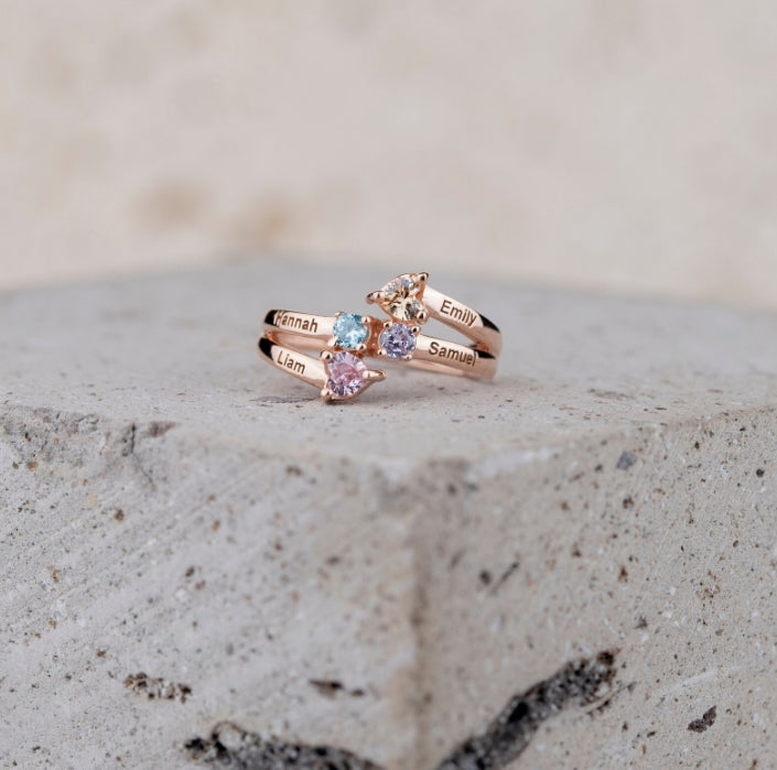 Four Heart Cut Birthstone Ring, 4 Name Engraved Ring