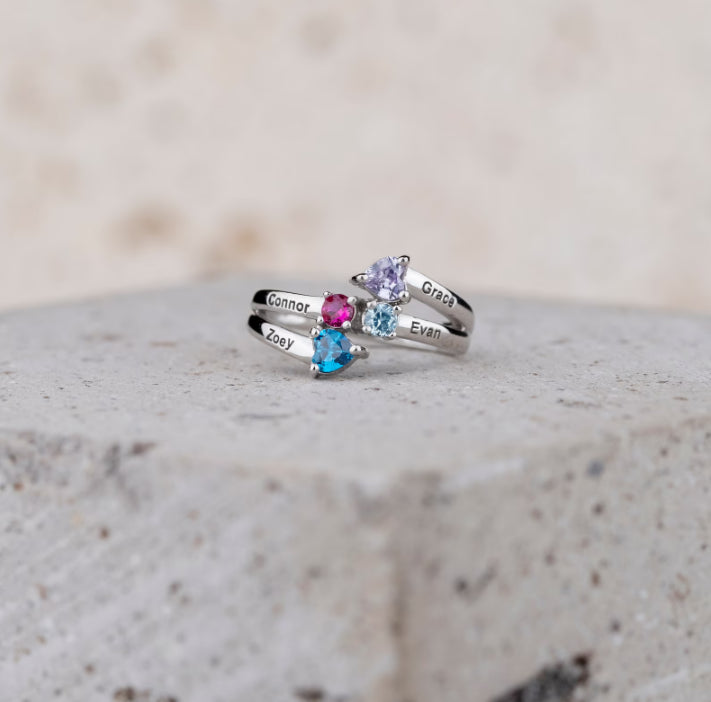 Four Heart Cut Birthstone Ring, 4 Name Engraved Ring