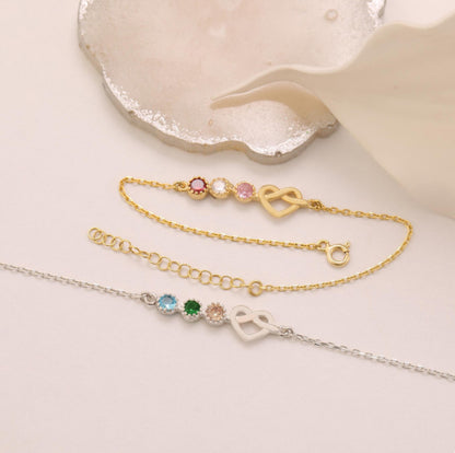 Custom Birthstone Heart Bracelet,Personaliz Family Birthstone Bracelet