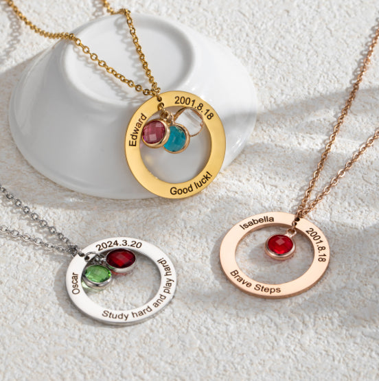 Mom Birthstone Necklace, Personalized Gift for Her, Multiple Birthstone Grandma Necklace, Circle Name Pendant, Birthday gift For Mom