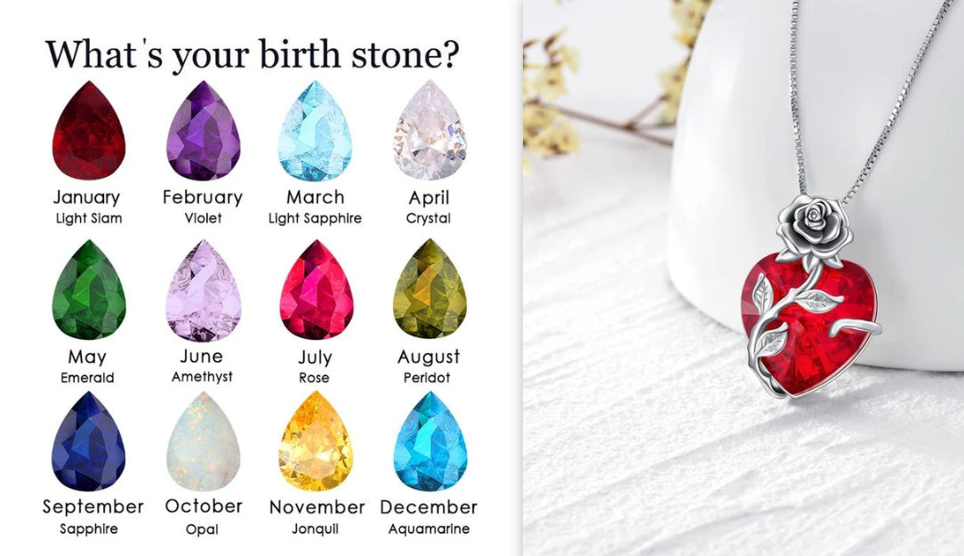 S925 Sterling Silver Rose Flower Heart Birthstone Pendant Necklace