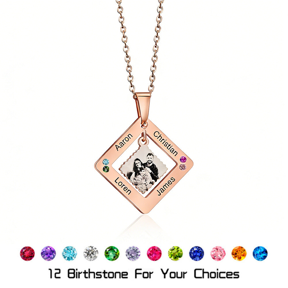 Engraved photo birthstone necklace