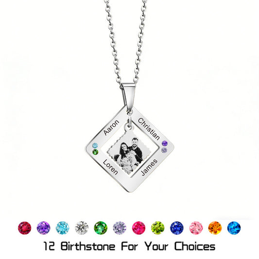 Engraved photo birthstone necklace