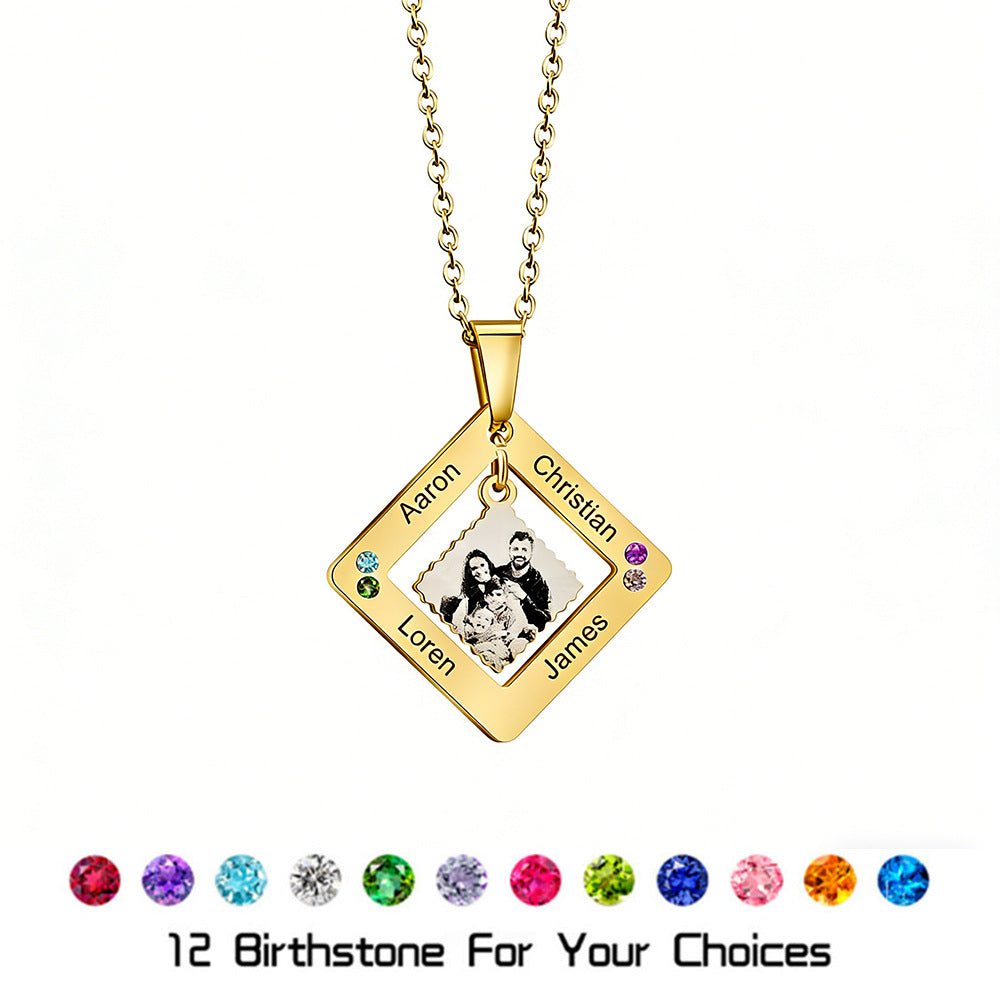Engraved photo birthstone necklace