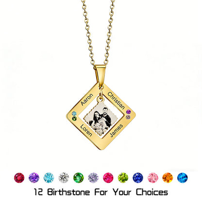 Engraved photo birthstone necklace