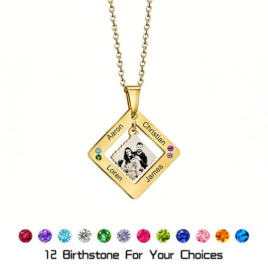 Engraved photo birthstone necklace