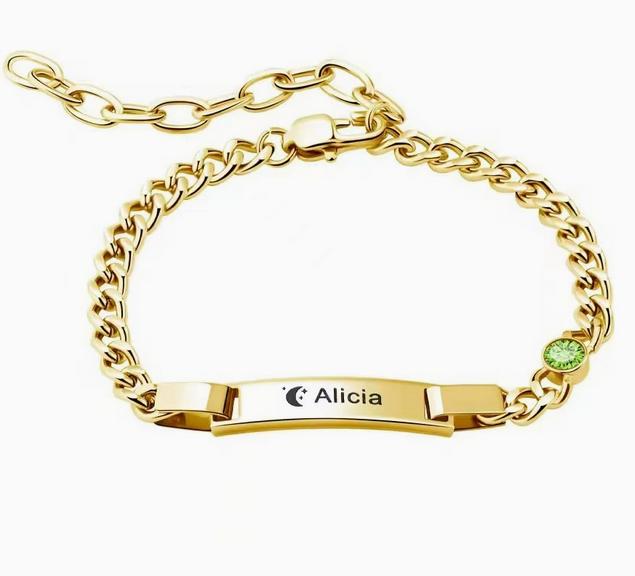 Custom Engraved Parent - Child Cuban Link Bracelets - Personalized Birthstone, Stainless Steel Curved Bar - Parent - Child Bracelet Set