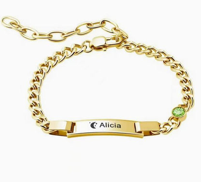 Custom Engraved Parent - Child Cuban Link Bracelets - Personalized Birthstone, Stainless Steel Curved Bar - Parent - Child Bracelet Set