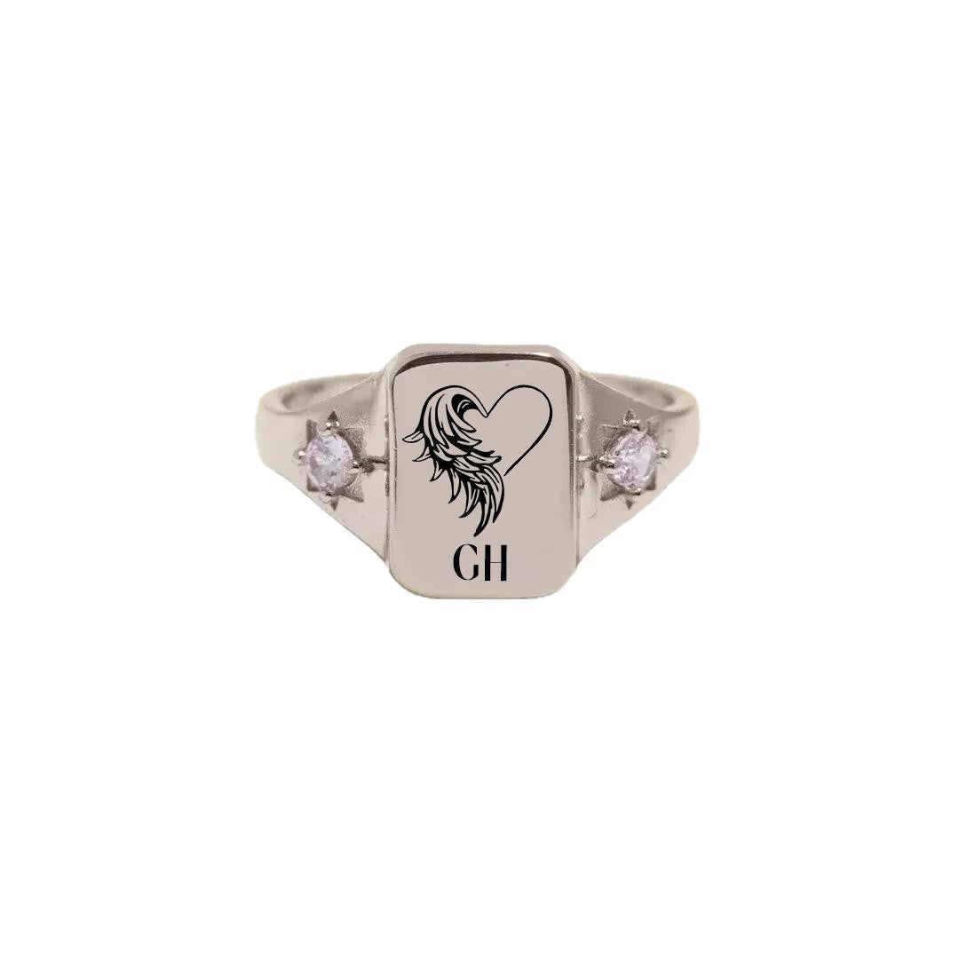 Personalized Memorial Birthstone Ring - Custom Engraved Birth Flower or Name Ring, Adjustable Copper Band, Heart Wing Jewelry for Loved Ones