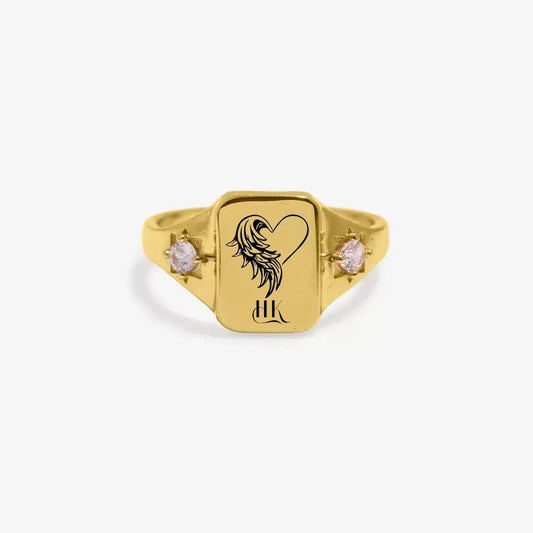 Personalized Memorial Birthstone Ring - Custom Engraved Birth Flower or Name Ring, Adjustable Copper Band, Heart Wing Jewelry for Loved Ones