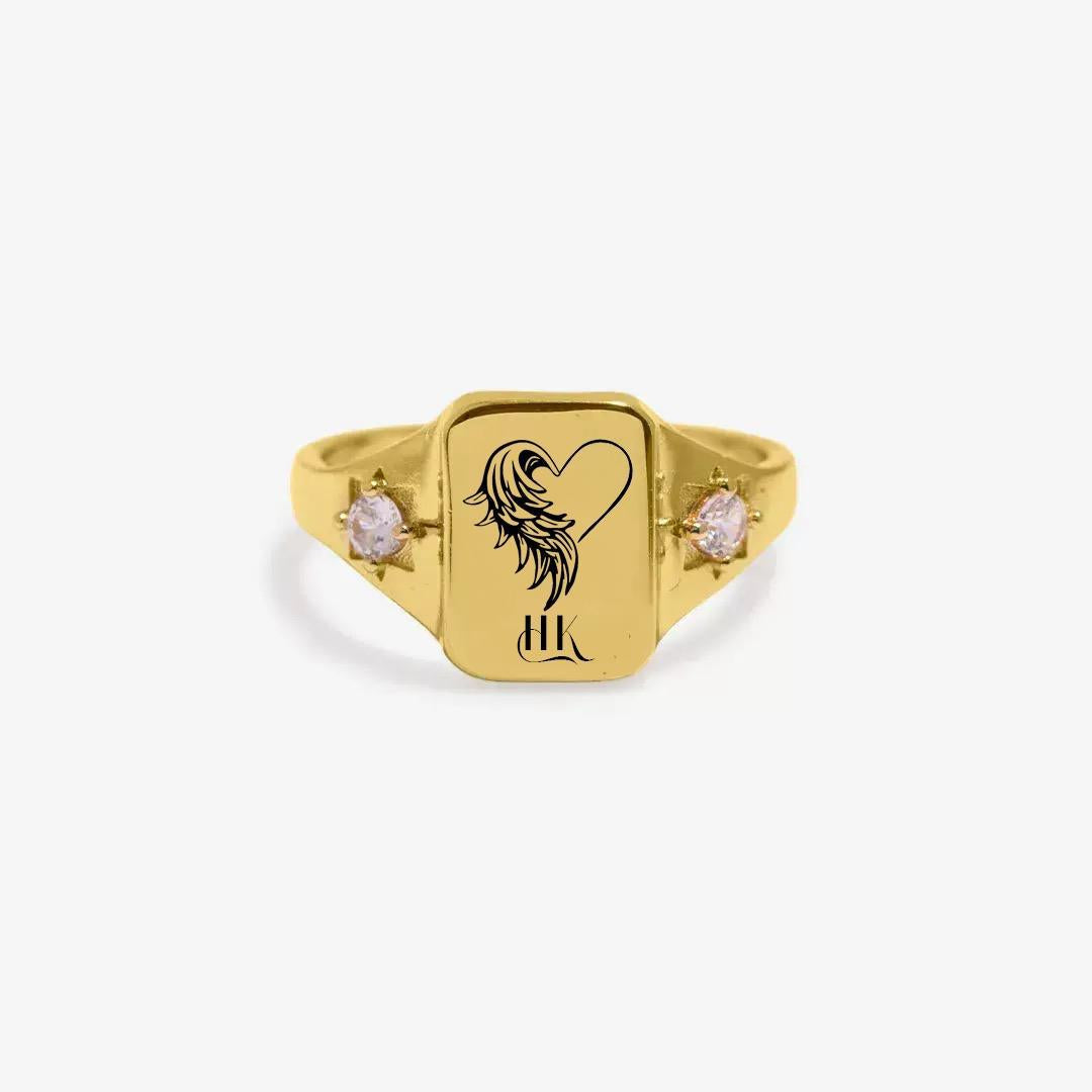 Personalized Memorial Birthstone Ring - Custom Engraved Birth Flower or Name Ring, Adjustable Copper Band, Heart Wing Jewelry for Loved Ones